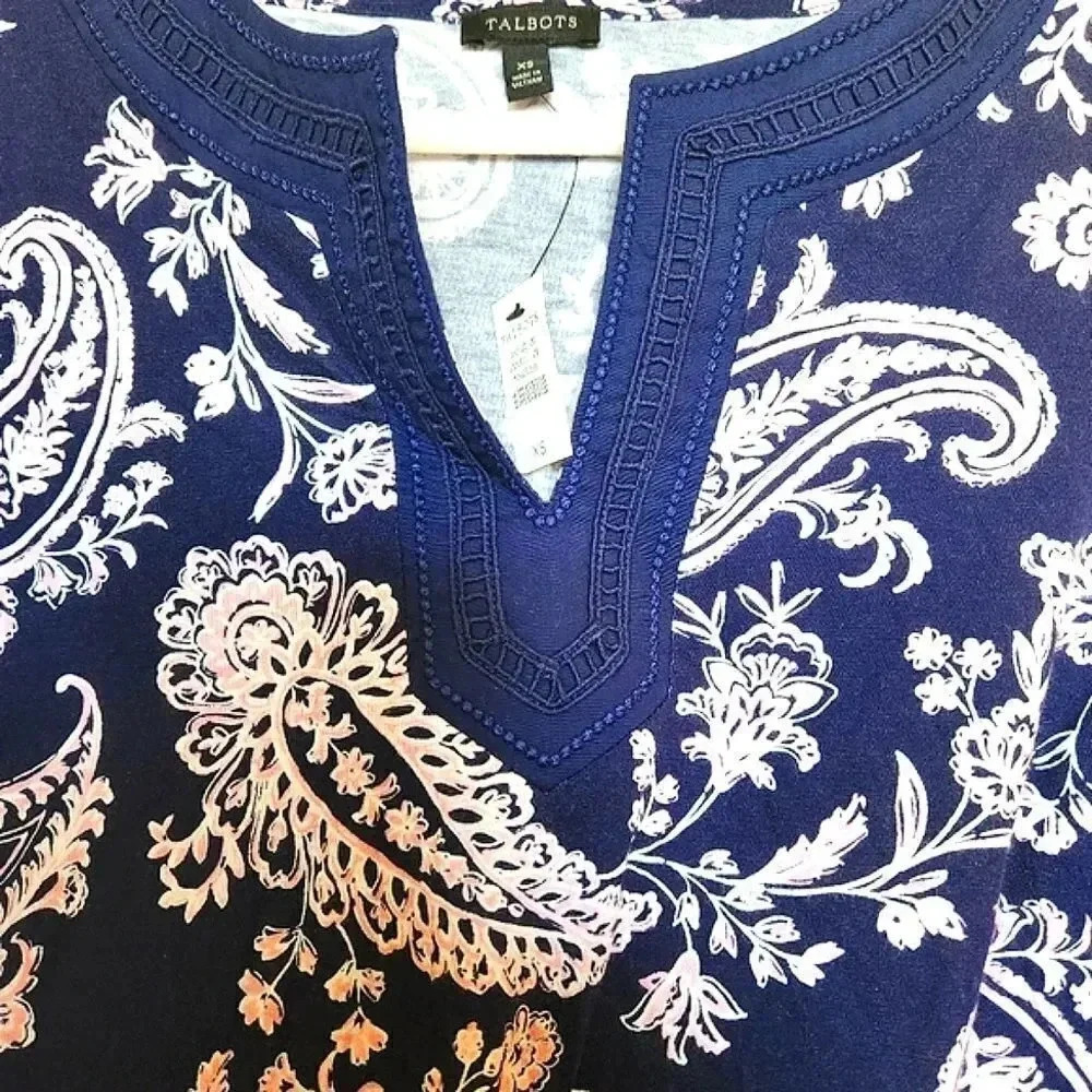 NWT Talbots blue with pink and white paisley top/tunic Size XS